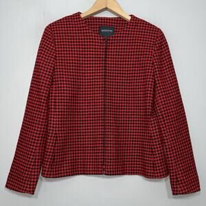 Vintage Houndstooth Jacket Size 6 Red Black Wool Boxy Collarless Academia Preppy